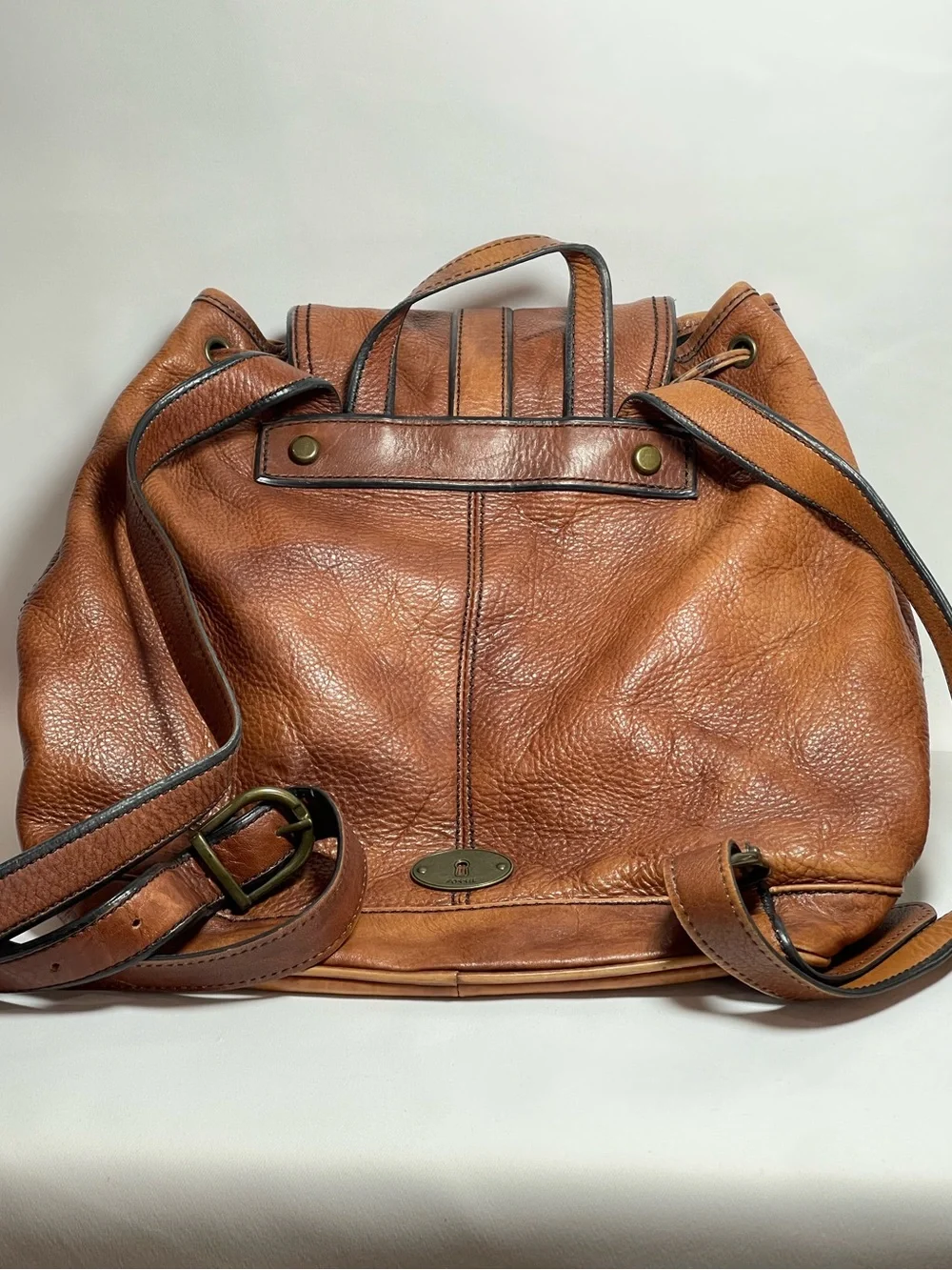 Vintage FOSSIL Cognac Brown Leather Drawstring Bucket Backpack Rucksack Bag